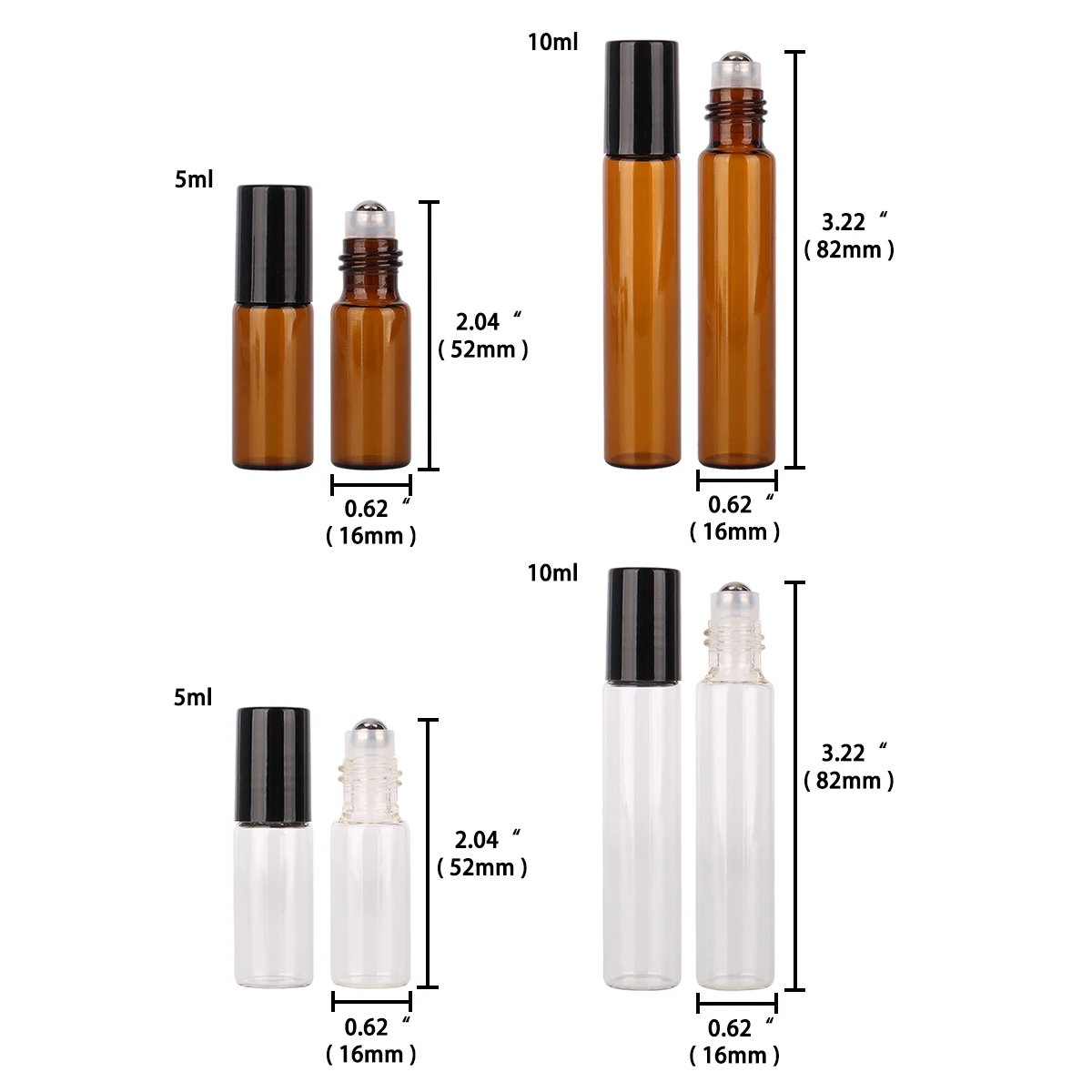 5 Pieces 5ml/10ml Amber/Transparent Glass Roll on BottlesStainless Steel Roller Ball for Aromatherapy Portable Trave