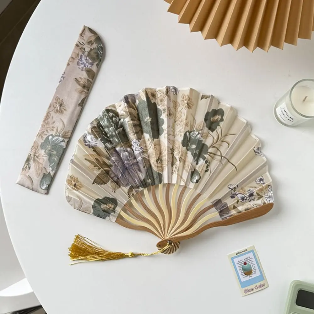 Retro Bamboo Wood Silk Flower Folding Hand Fan - Decorative Dance and Wedding Prop