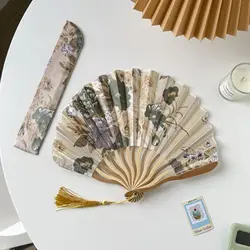 Retro Bamboo Wood Silk Flower Folding Hand Fan - Decorative Dance and Wedding Prop (Gold - with fan sleeve)