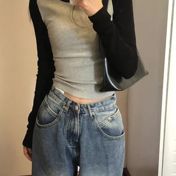 크롭 의류 슬림 2024 플레인 여성 상의, 케이팝 코케트, 폴리에스터 티셔츠, 90 년대 빈티지 여성 티셔츠, 긴팔 올드 티
