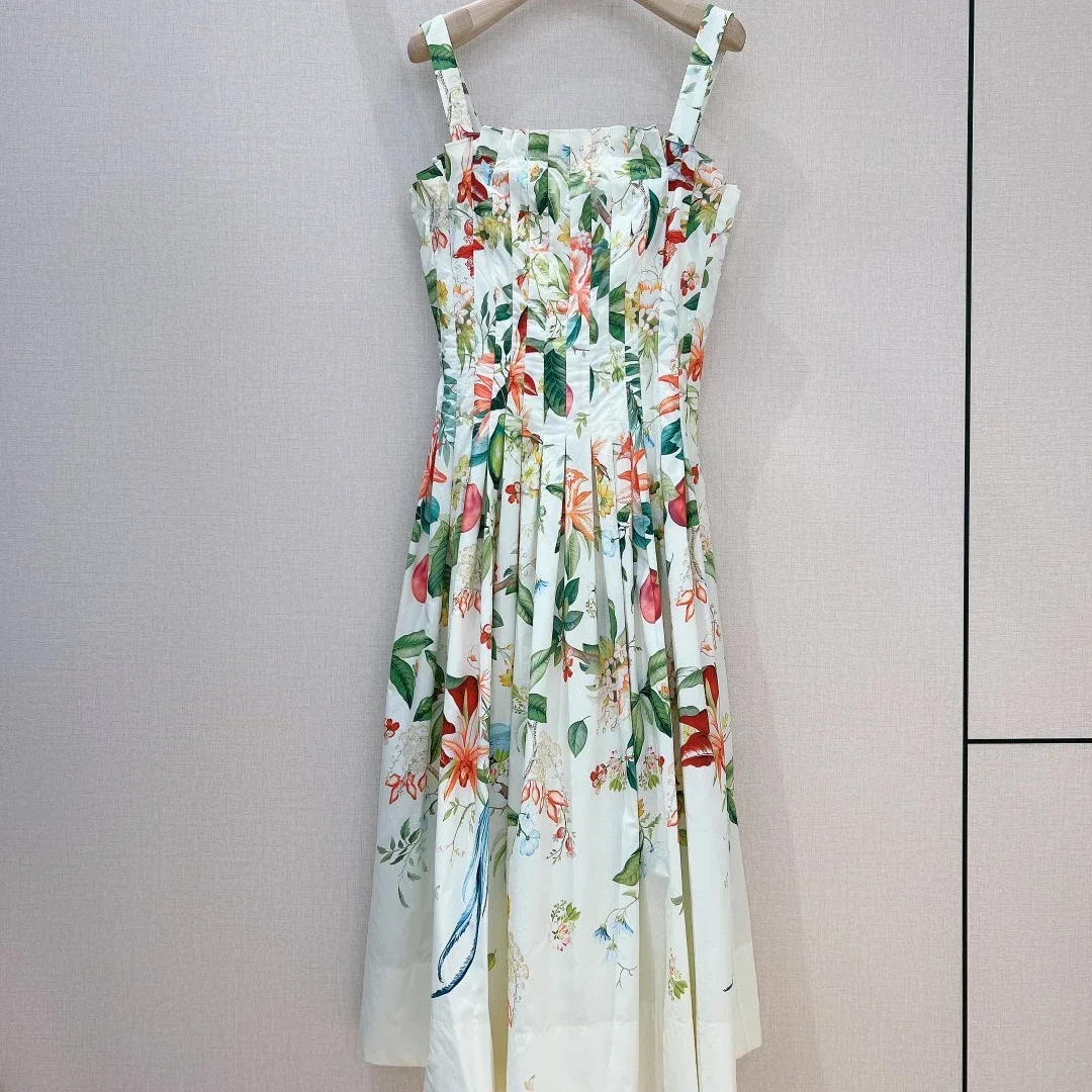 

2024 New Collection High Quality Cotton White Green Floral Leaf Print Sleeveless Pleat Women Midi Dress for Holiday