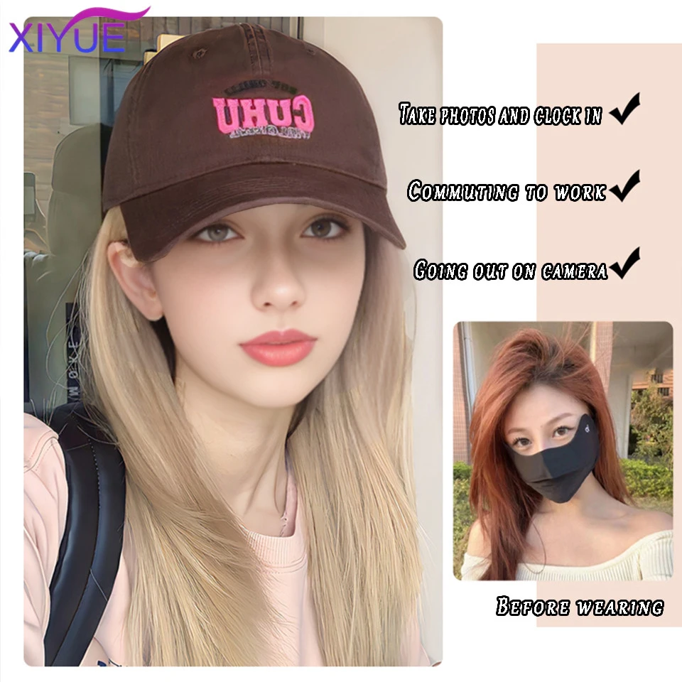 XIYUE  Girls' New Hat Collar Hair One Piece Full Head Cover Style Mesh Red White Gold Women's Baseball Hat Long Straight Hair