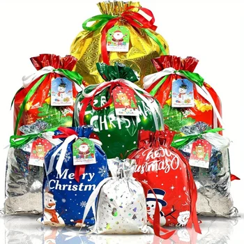 33 Christmas-themed assorted color drawstring gift bags in multiple sizes perfect Christmas parties and holiday gift wrapping 1