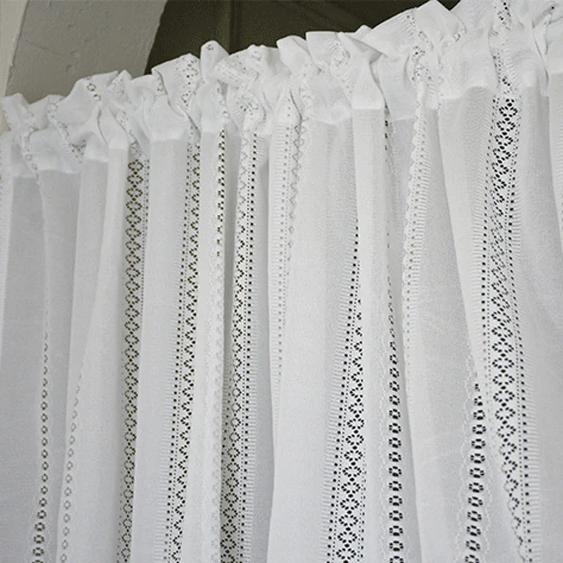 

White Lace Sheer Curtains Boho Striped Hollow Door Curtain with Pom Pom Edge 1 Panel for Living Room & Bedroom Rod Pocket Drapes