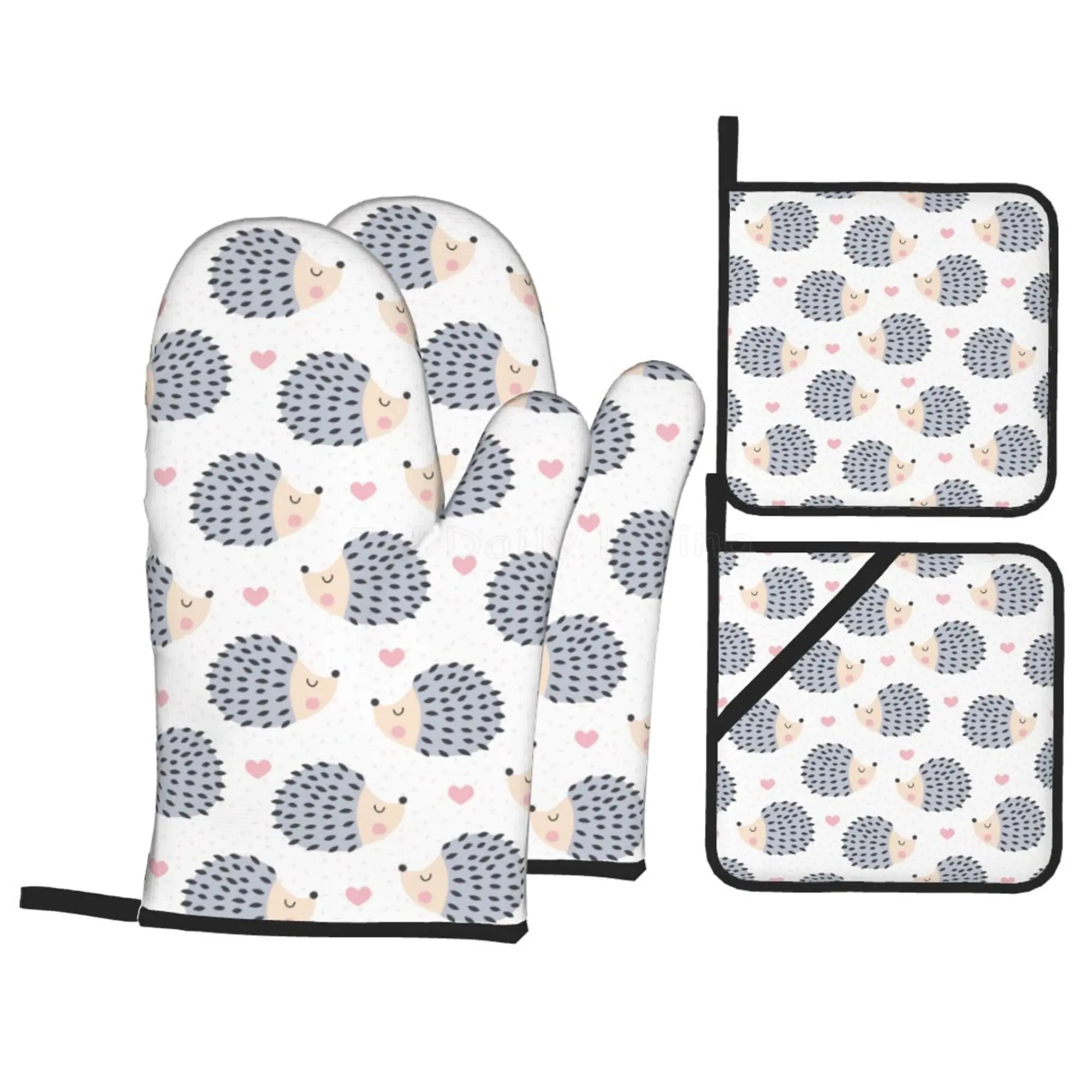 

Cute Cartoon Hedgehog Polka Dot Heat Resistant Oven Mitts and Pot Holders Sets Non Slip Kitchen Gloves for Cooking BBQ Baking