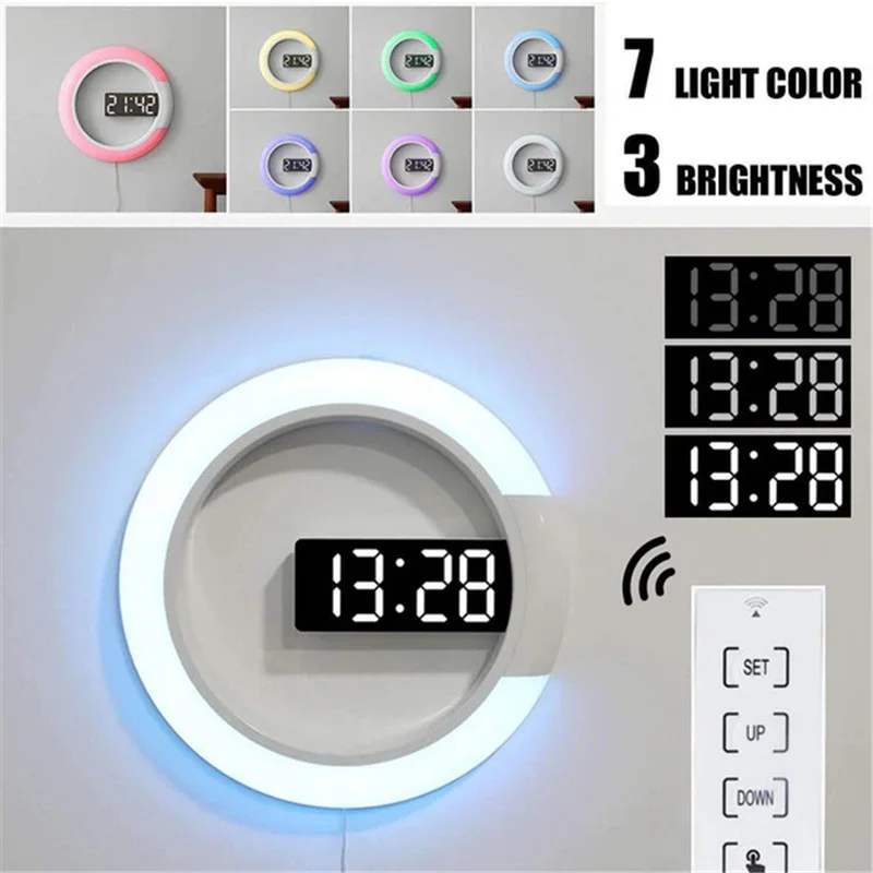 

Led Digital Wall Clock Remote Control Creative LED Hollow Wall Clock with Alarm Ring Light Mirror Hollow Wall Clock Color Change