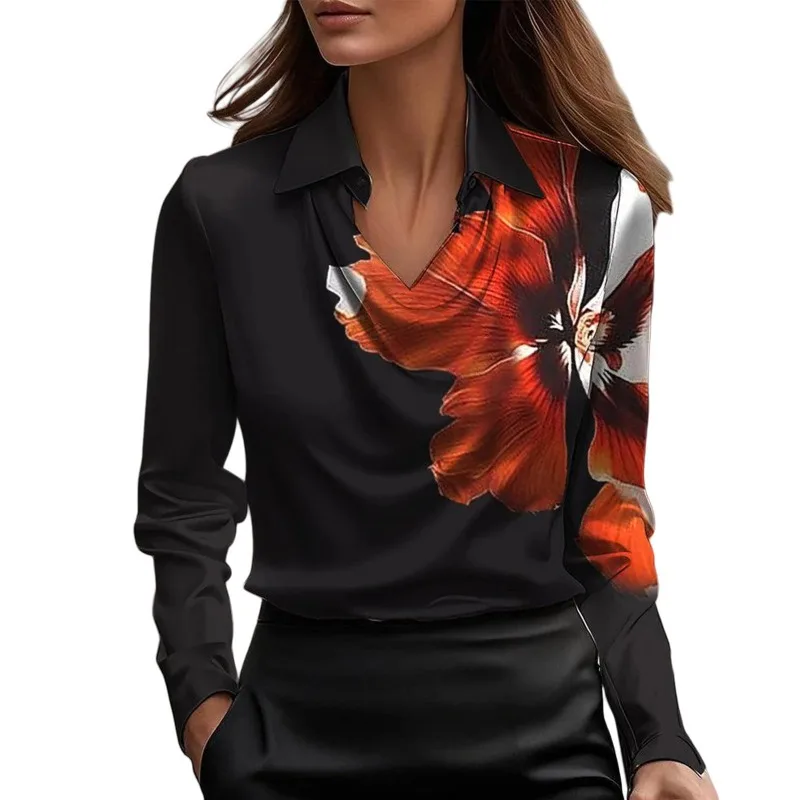 Fashion Spring and Autumn New Women's Turn Down Collar Simple Long-sleeved Shirt Elegant Satin Satin Commuter Casual Blouse