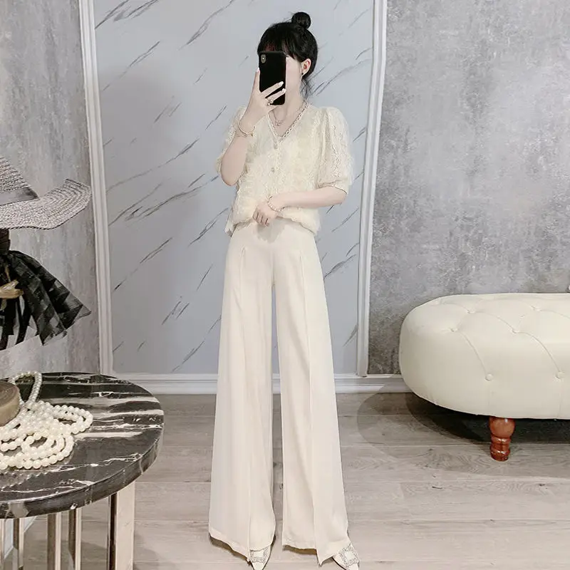 Korean Style Hollowed Out V-neck Chiffon Shirt Casual Wide Leg Pants Two-piece Elegant Women's Pants Set Summer Outfits