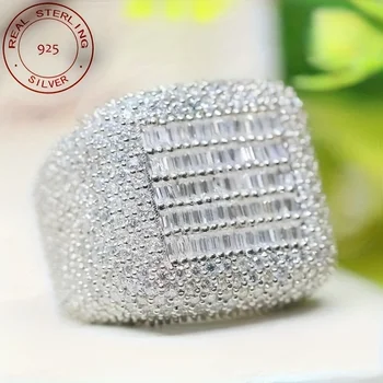 Luxury S925 Silver Rings Full Ice Out Baguette Labd Diamond Zircon Ring For Men Bustdown 14K White Gold Plated Hip Hop Jewelry