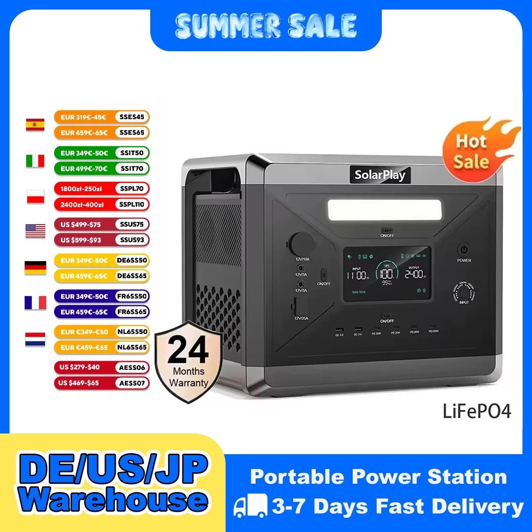 SOLARPLAY Portable Power Station Q2501 For Outdoor Camping And Home,2160WH LiFePO4 Battery With 12 output ports Solar Generator