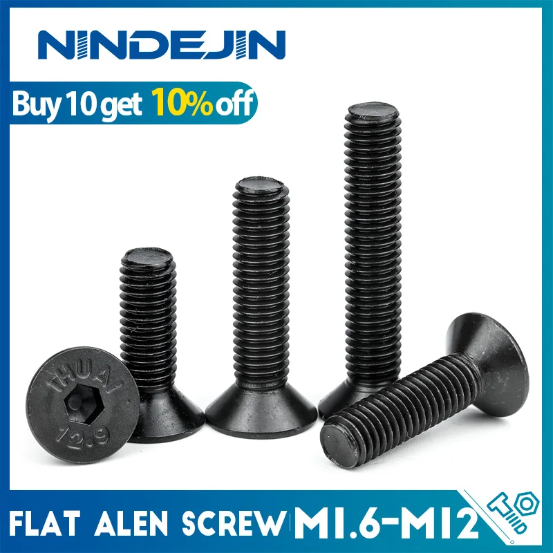 NINDEJIN Hexagon Socket Flat Head Screw Carbon Steel M1.6 M2 M2.5 M3 M4 M5 M6 M8 M10 M12 Allen Bolts Machine Screw