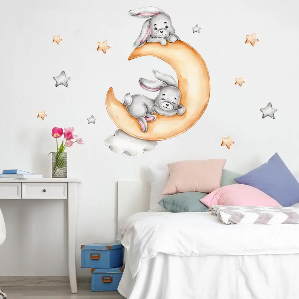 

Wall Stickers Rabbit Sleeping On The Moon Cloud Stars Wall Decal For Living Room Bedroom Children Room Decoration
