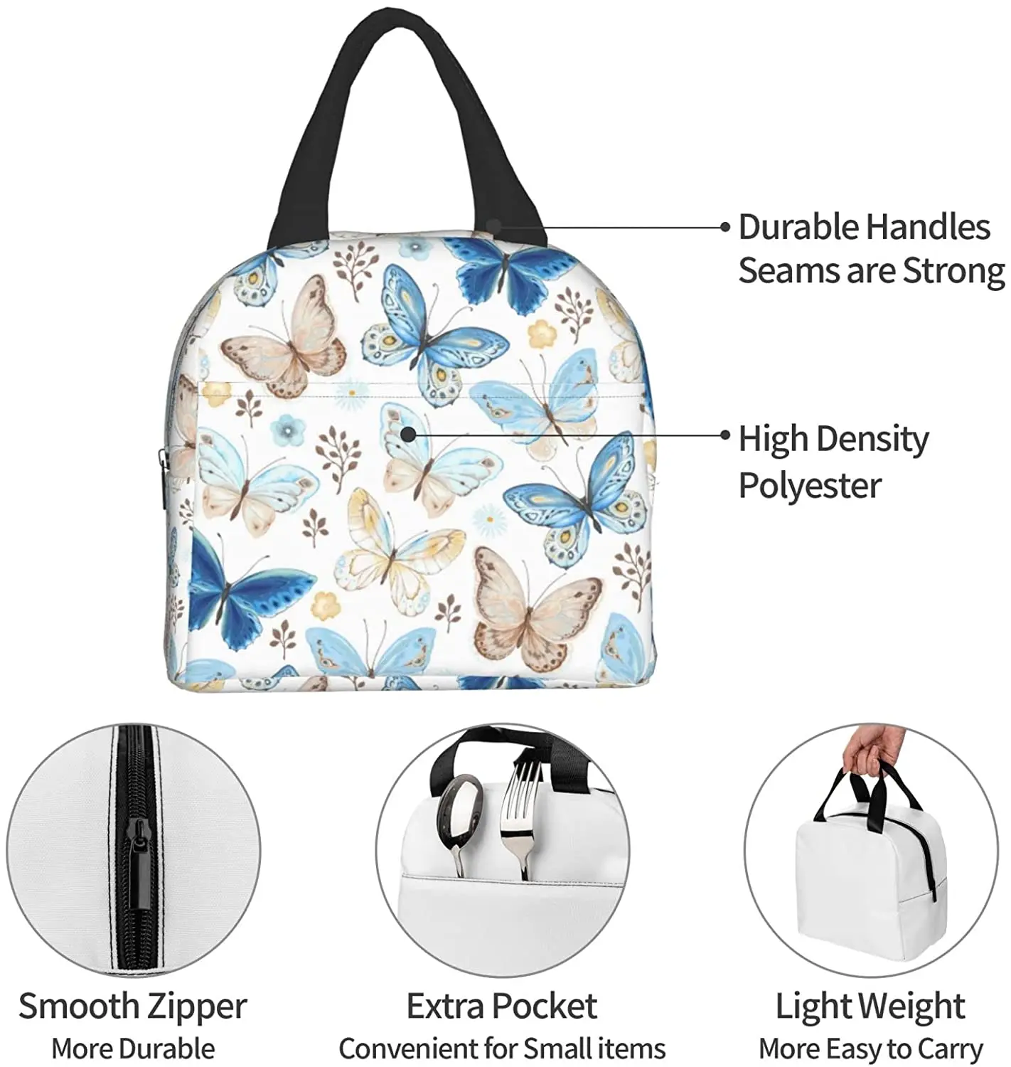 Blue Butterfly Insulated Lunch Bag Kawaii Lunch Box Portable Reusable Cute Lunch Bags for Women Waterproof Leakproof for Girls