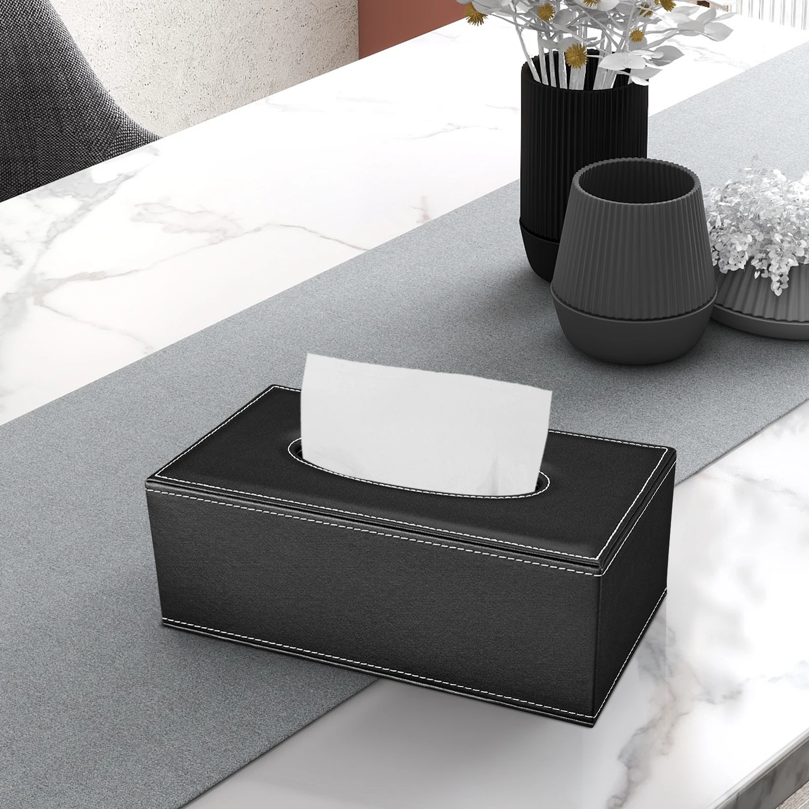 Kingfom Office Desk Storage Organizer Set PU Leather Tissue Box 10W Fast Wireless Charger Business Card Holder Black 3 Pcs/Set