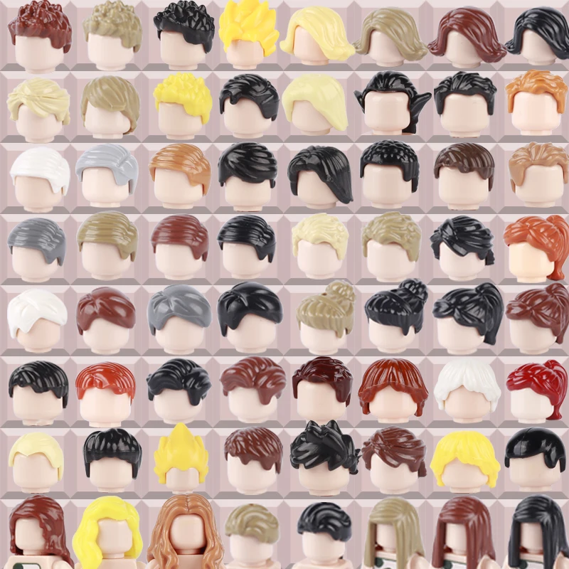 MOC 도시 헤어 액세서리 빌딩 블록 호환 피규어 바디 부품, 브라운 블랙 금발 머리, DIY 벽돌 장난감 선물