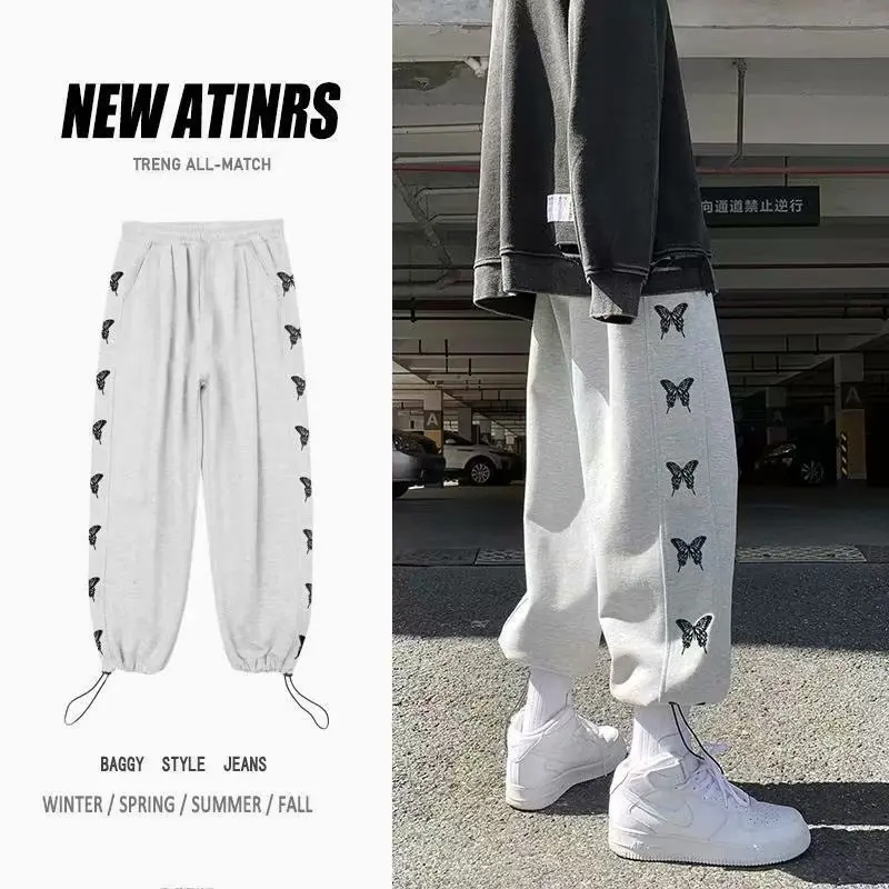 

Y2k Pants Men's Spring Autumn Korean Style Trendy Loose Versatile Ankle-Banded Pant Thin Exercise Casual Butterfly Pattern Pants