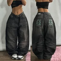American New Fashion Geometric Pattern Embroidered Baggy Jeans Women Y2K Harajuku Vintage Hip-hop Popular Casual Wide-leg Pants - Image 3
