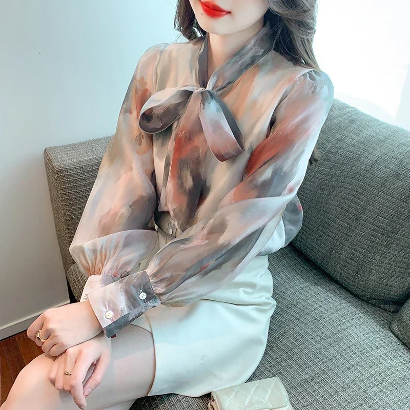 

Chiffon Women's Shirts New FASHION Casual Blouses Spring/Summer Loose Long Sleeves Clothing Ladies Print Bow Tops YCMYUNYAN