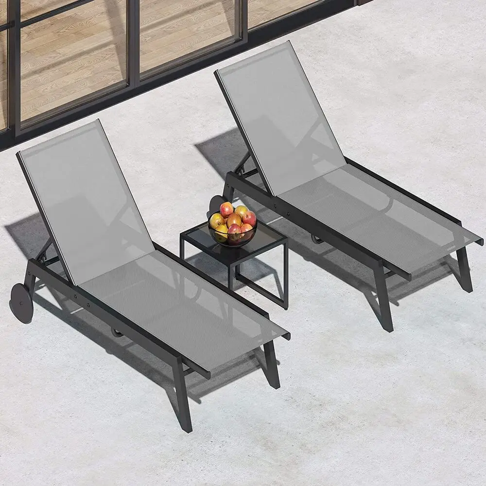 

3 Set Outdoor Pool Reclining Chair Adjustable Patio Chaise Lounge Chair with Table
