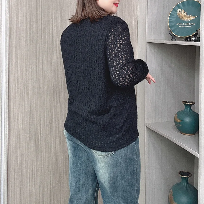 V-neck Lace Shirt for Women, Long Sleeve, Loose Blouses, New Temperament, Plus Size, Autumn and Winter, 2427