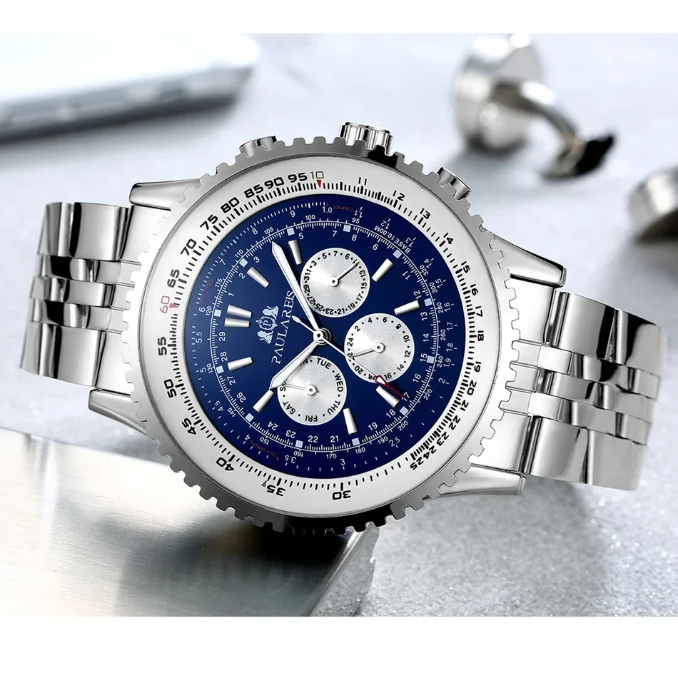 Automatic Watches for Men Mechanical Self Wind Leather Fashion Sports Blue Black White Big 50mm Classic Reloj Hombre Baratos - 4