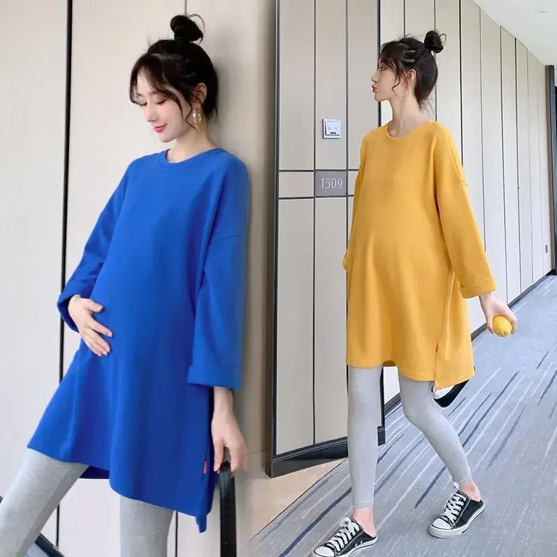 루즈핏 단색 티셔츠 2 종 세트, 크루넥 여성 아웃웨어, 트렌디 마미 티, 출산 패션, 가을 겨울