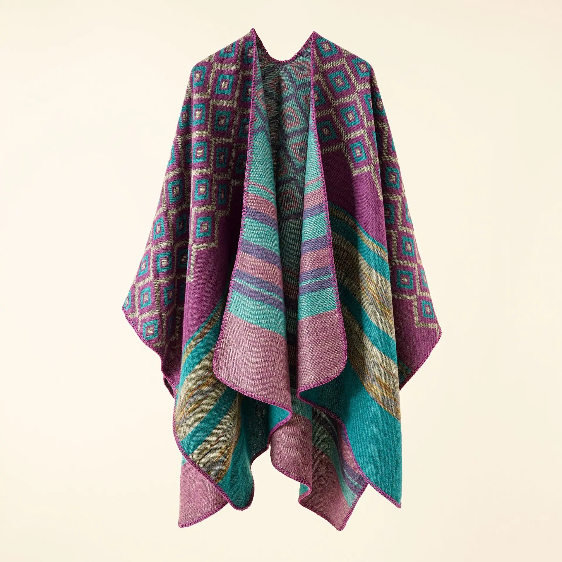 

2022 Autumn Winter New Geometric Stripe Pattern Imitation Cashmere Warm Casual Women Shawl Poncho Capes Lady Coat Purple