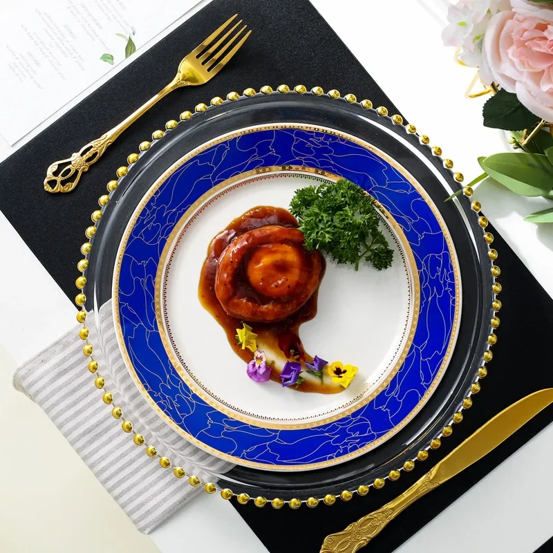 Nordic Blue Dinner Plate Set Bead Glass Charger Plate for Dinner Fancy Serving for Wedding 10 inch beautiful Crockery