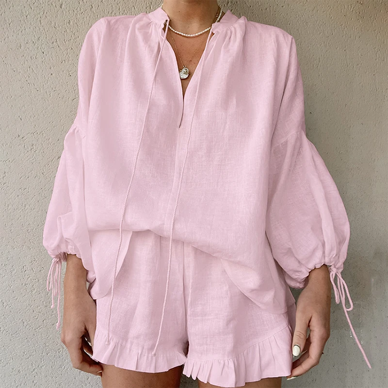 

Spring Summer Solid Comfort Casual Set Women V-neck Lace Up Top & Elastic Waist Shorts Outfits Vintage Lantern Sleeve Loose Suit
