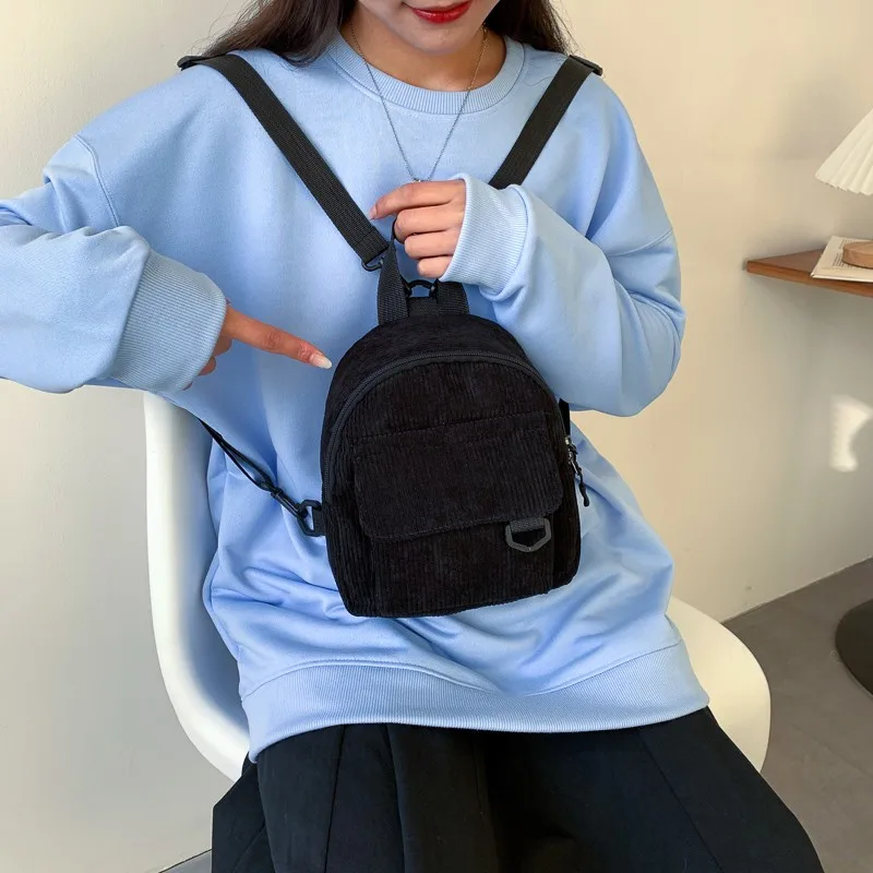 Mini zaino da donna alla moda Zaini piccoli in velluto a coste tinta unita Zaini da viaggio per studenti semplici e casual_voghion.com