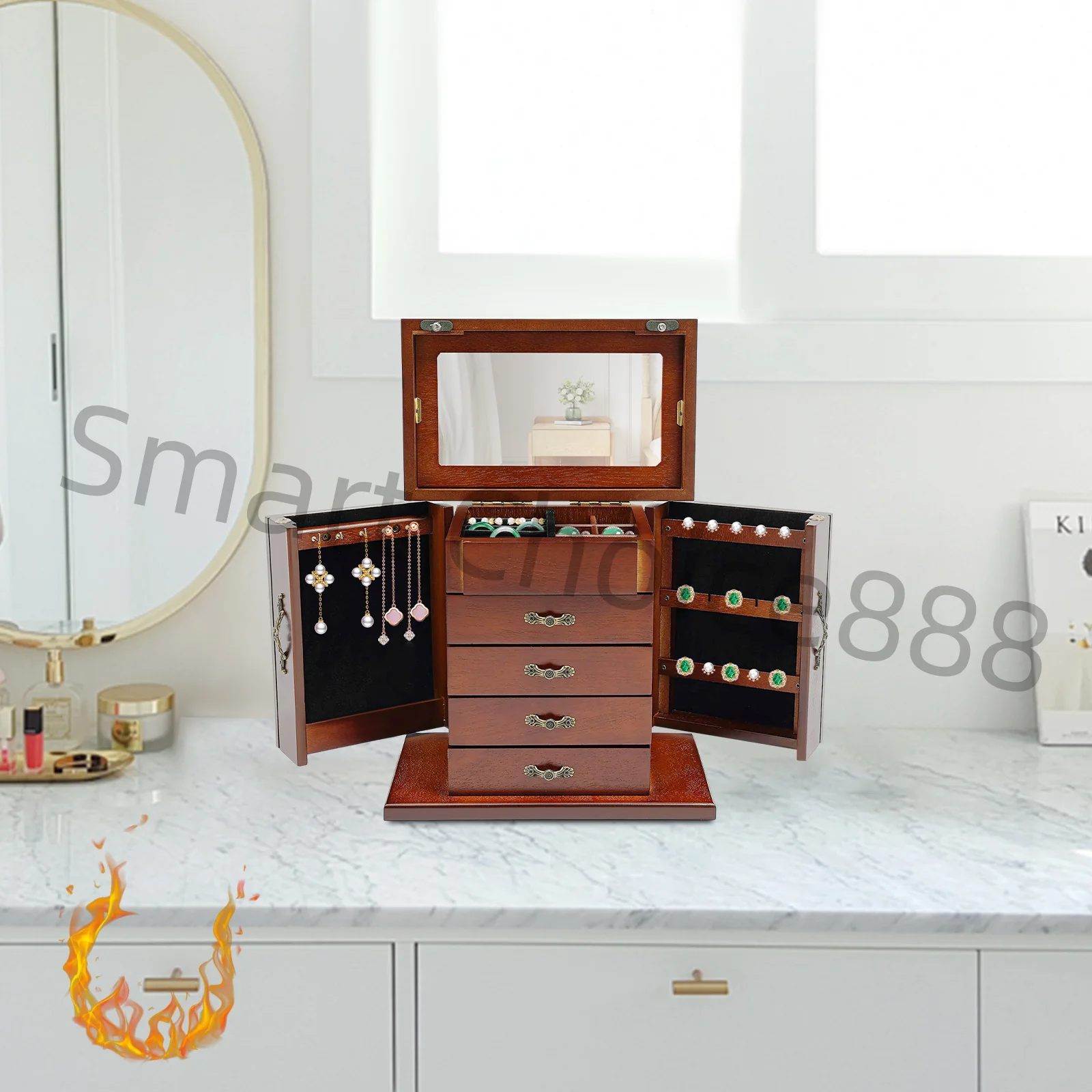 5-Layer Drawer Jewelry Box Wood Big Size Jewelry Boxes Organizer Bracelet Necklace Ring Eaarings Display Brown Solid Wood