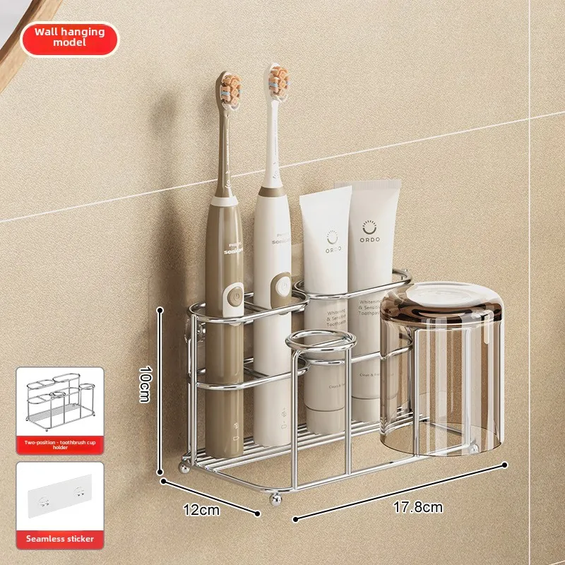 Stainless Steel Toothbrush Storage No Drilling Bathroom Wall Mounted Toothpaste Rack Wall Mounted Mouthwash Cup Storage Rack