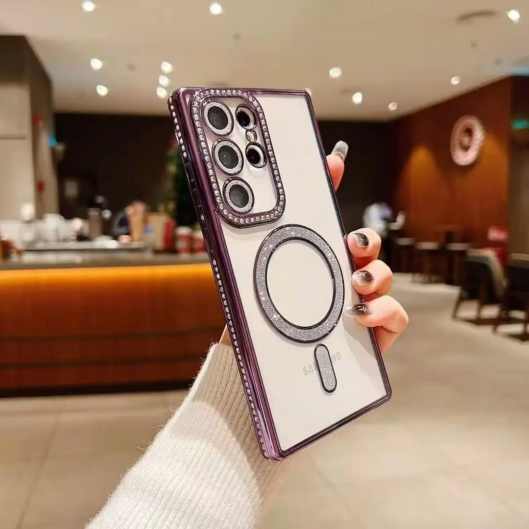 Transparent Magnetic Phone Case with Electroplating TPU and Rhinestone Design - 5G Protective Cover