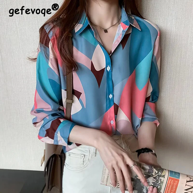 

Women's Summer Stylish Chic Elegant Button Up Shirt Vintage Print Office Lady Casual Blouse Long Sleeve Street Tops Blusas Ropa