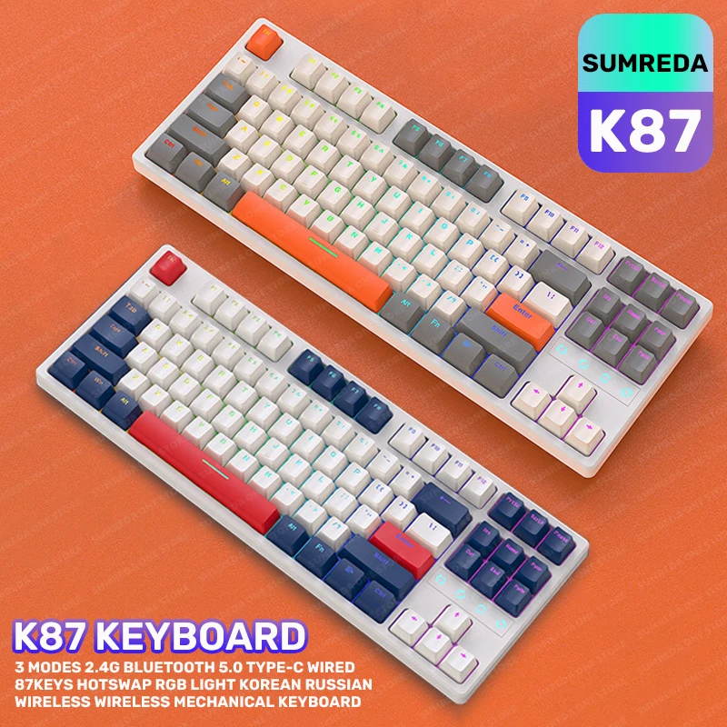 

K87 Wireless Gaming Mechanical Keyboard 87 Keys Gamer 2.4G Bluetooth Wired HotSwap RGB Backit Keyboard Korean Russian Keyboard