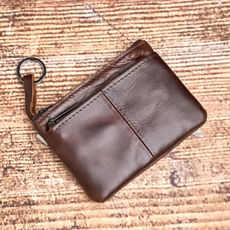 Vintage Brown Genuine Leather Mini Coin Purse with Zipper Pocket by NUPUGOO
