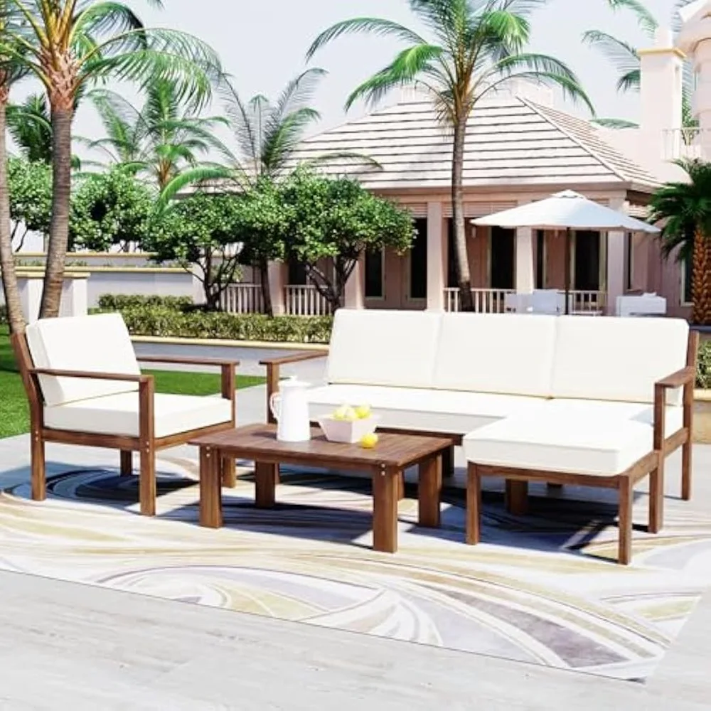 

4 Piece Patio Furniture L-Shaped Outdoor Sectional Sofa, FSC Certified Conversation Set w/Beige Cushions for Garden Backyard