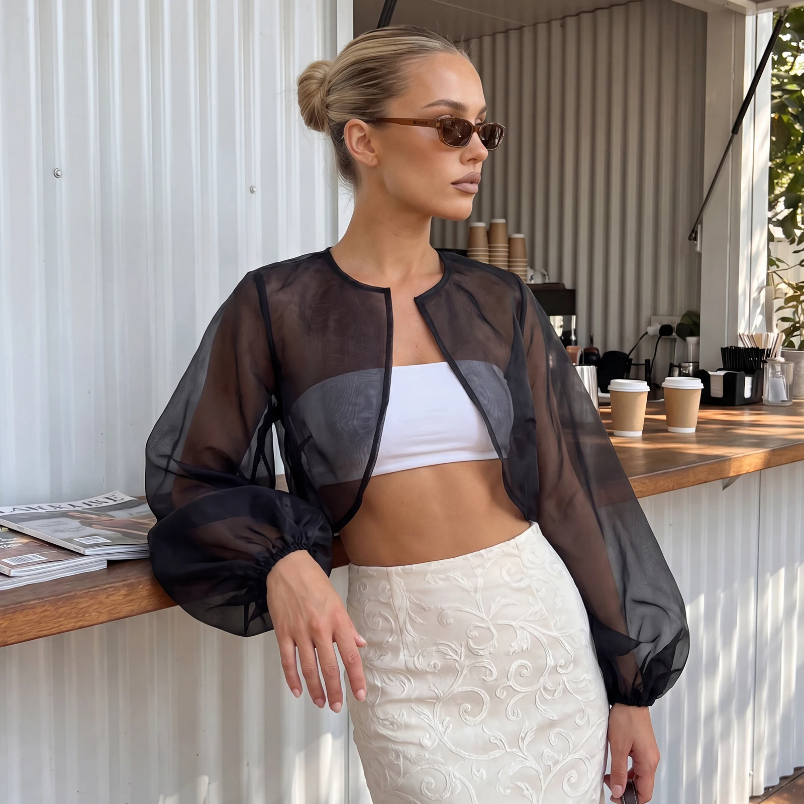Women Sheer Mesh Shrug Organza See Through Bolero Cardigan Crop Puff Long Sleeve Open Front Shawl Capes Shoulder Cover Ups 4