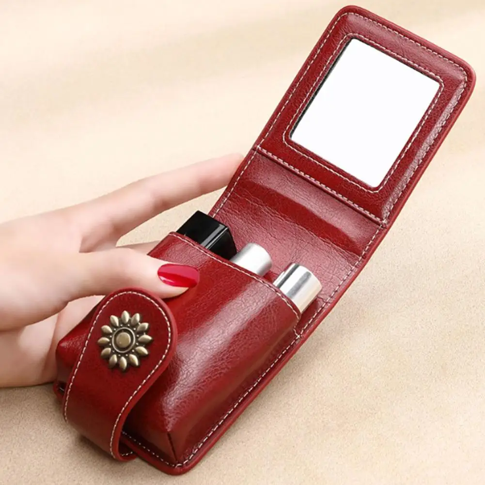 Leather Portable Lipstick Organizer Case with Mirror