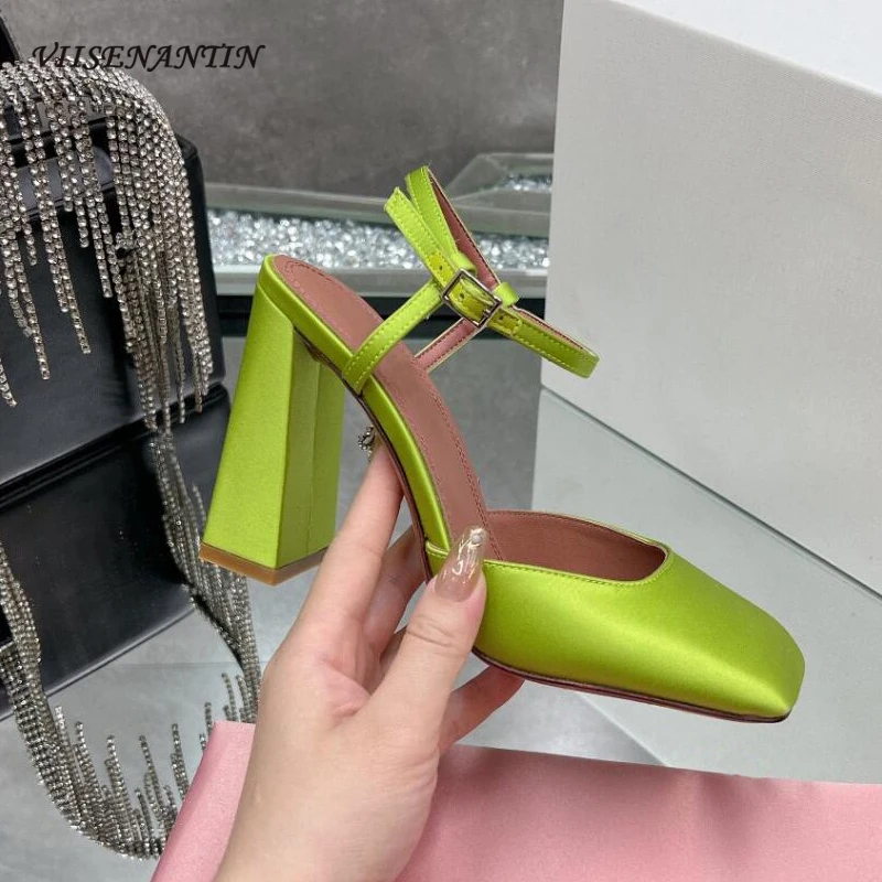 

9.5cm Chunky High Heels Sandals for Women Ankle Buckle Strap Candy Color Square Toe Slingback Summer Party Dress Shoes Females