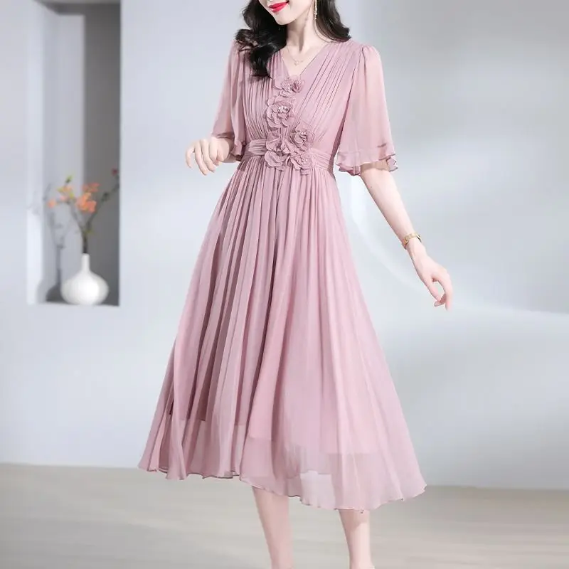 

Fashion V-Neck Spliced Folds Butterfly Sleeve Chiffon Party Dress Women Clothing 2024 Summer New Loose Office Lady Princess Dres