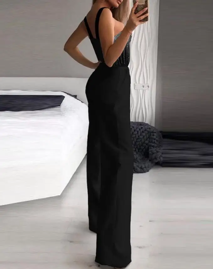 Women's Urban Jumpsuit 2024 Spring Summer Latest Elegant Multi Strap Sleeveless Rhinestone Bootcut Romper High Waist Bodysuit