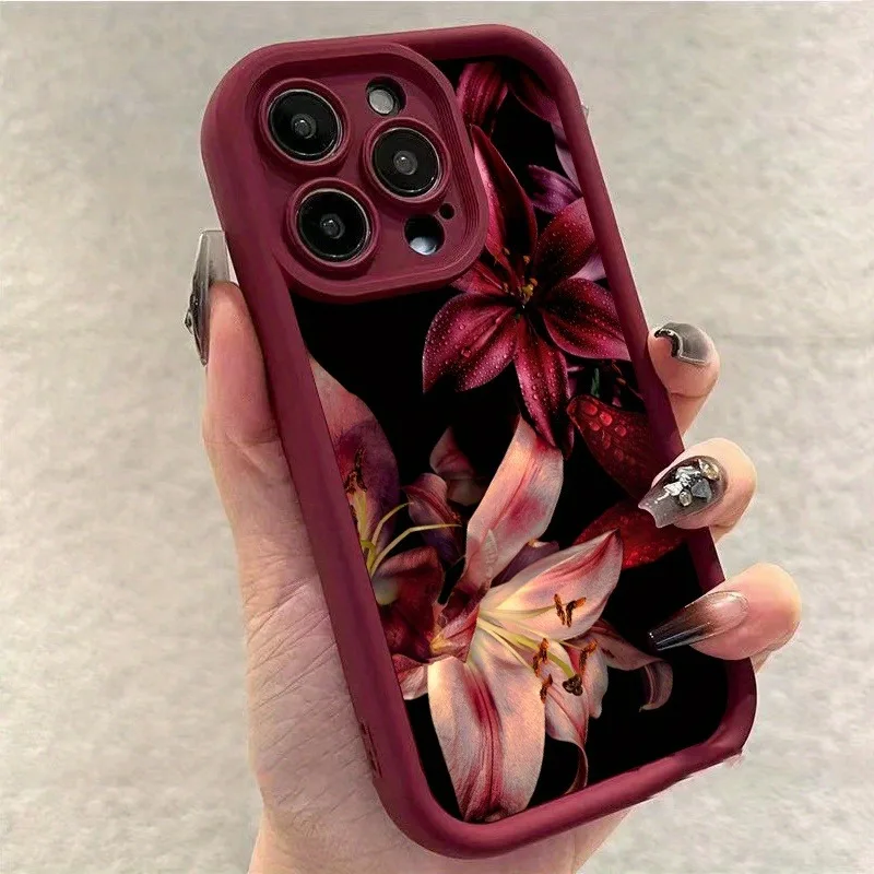 Luxury Dark-Themed Wine Red Phone Case with Water Droplet Lily Design