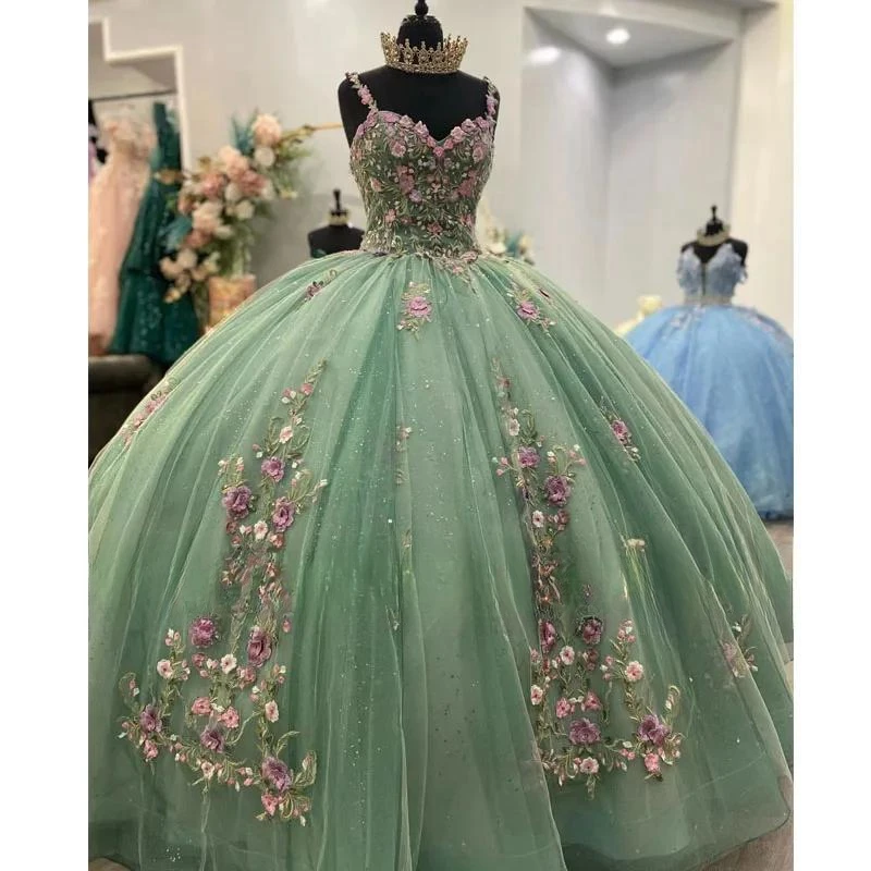 

Роскошные Блестящие Зеленые платья для Quinceanera, платья для 15 лет с открытыми плечами и 3D цветочной аппликацией, индивидуальное официальное платье принцессы