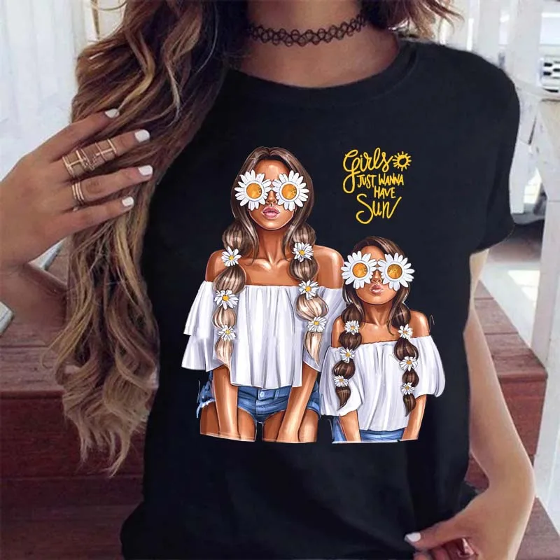 Maycaur Harajuku Women Cartoon Mom Girl Print Women T-shirts Top Women Kawaii Graphic Female O-Neck Mother\'s T Shirts Black Tee