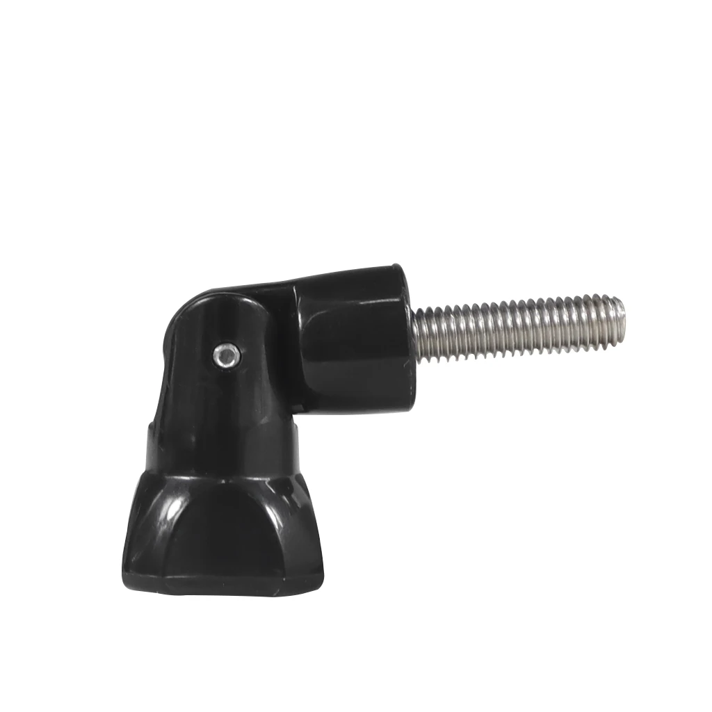 Adaptateur boulon pliable pour monopode trépied, vis à molette M5, en position ouverte avec une GoPro attachée.