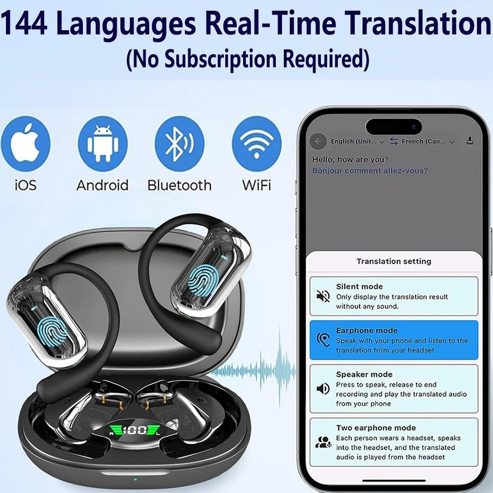BT 5.3 AI Translation Earbuds with Ear Hook Translator Headphones Open Ear Headphones for Running Fitness Learning Accessories translator earbuds translator earphones translation headset