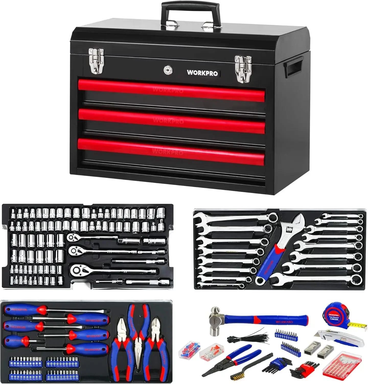 408-Piece Mechanics Tool Set, General Household Home Repair Tool Kit with 3-Drawer Heavy Duty Metal Box, Hand Tool Kit Set 1 Pac 3