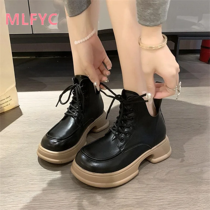 Thick Heel Thick Sole Short Boots for ladies Spring and Autumn New Fashion British Style Lace up Boots for Women's Short Boots