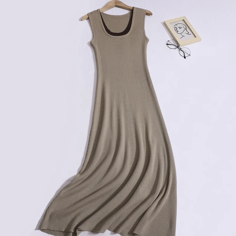 

Fashion Outer Wearing Knitted O Neck Vest Long Dress Women Summer Slim Design Sleeveless Dress Chic Contrast Collar Dress